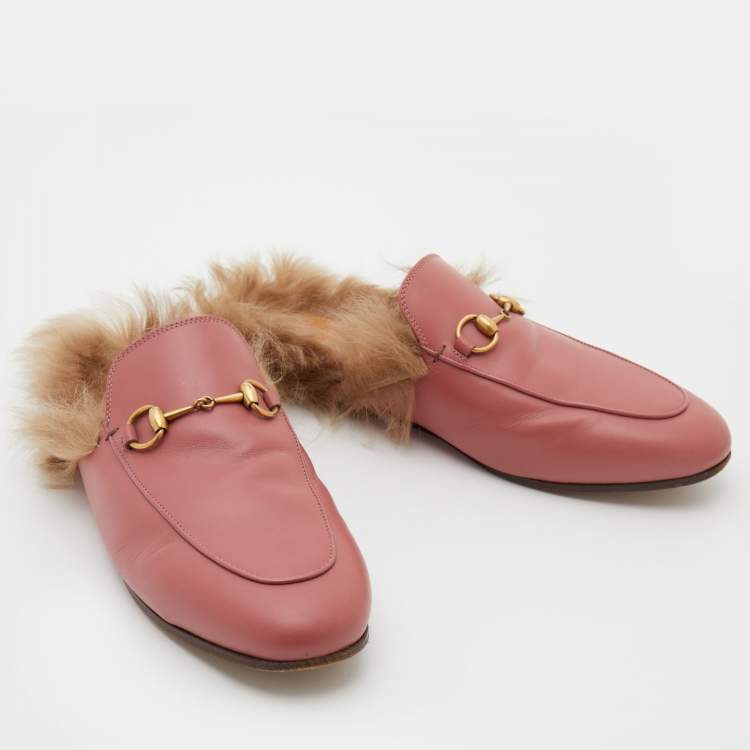 Pre Owned Gucci Pink Leather and Fur Horsebit Princetown Flat Mules Size 38