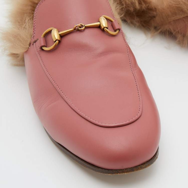 Pre Owned Gucci Pink Leather and Fur Horsebit Princetown Flat Mules Size 38