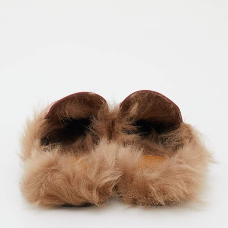 Pre Owned Gucci Pink Leather and Fur Horsebit Princetown Flat Mules Size 38