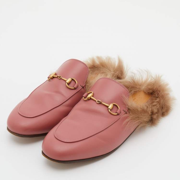Pre Owned Gucci Pink Leather and Fur Horsebit Princetown Flat Mules Size 38