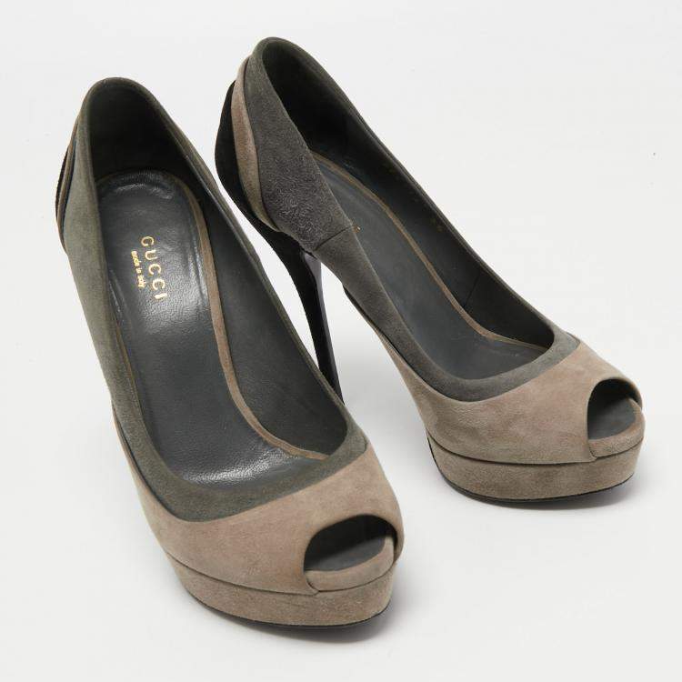 مملوكة مسبقًا Gucci  Multicolor Suede Tricolour Peep Toe Platform Pumps Size 36