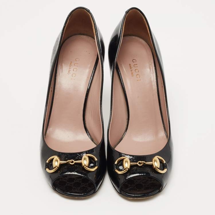 Pre Owned Gucci Black Micro Guccissima Patent Leather Horsebit Peep Toe Pumps Size 36