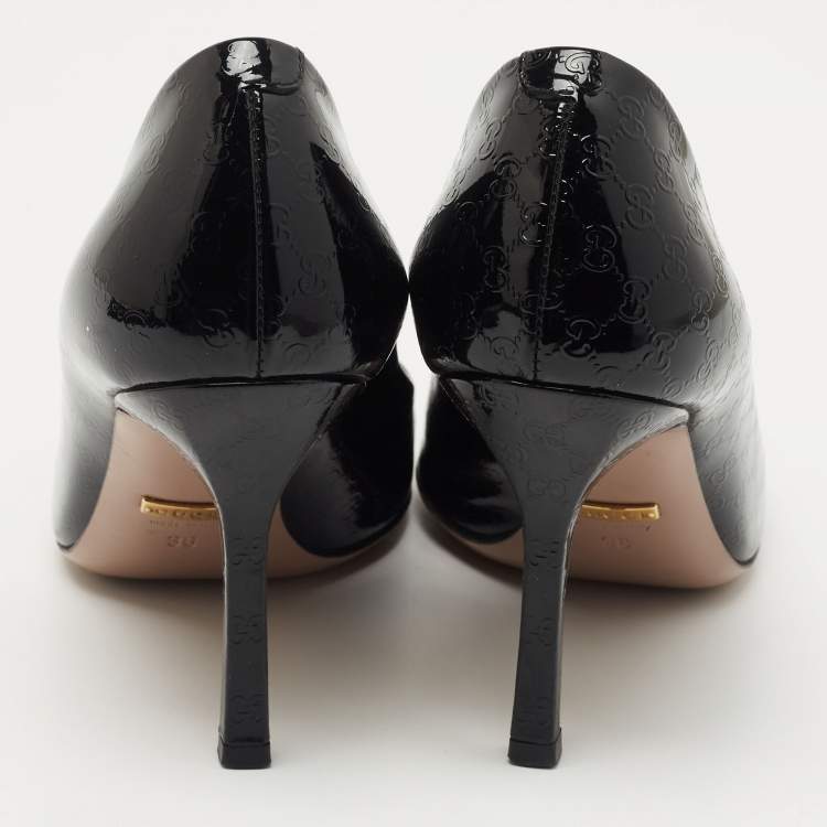 Pre Owned Gucci Black Micro Guccissima Patent Leather Horsebit Peep Toe Pumps Size 36