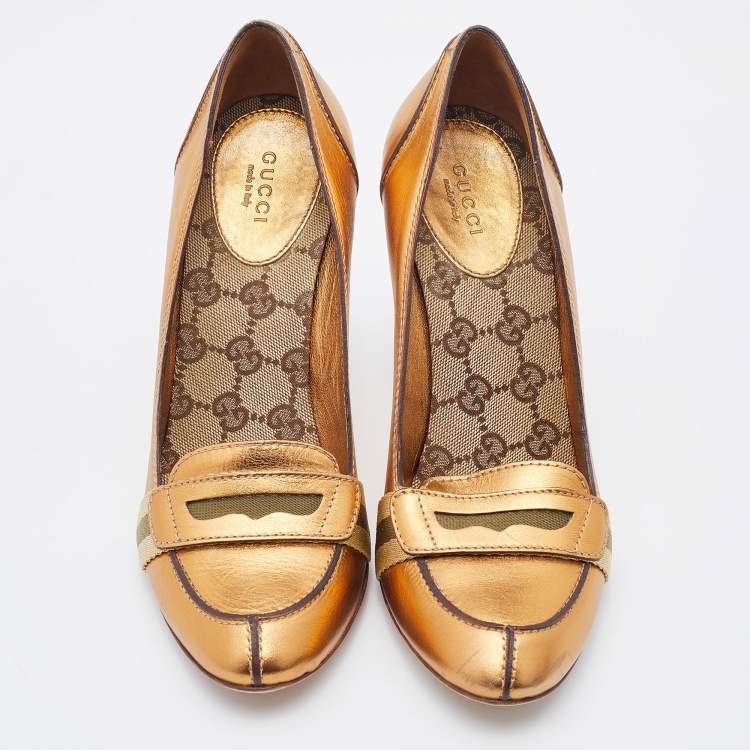 Pre Owned Gucci Metallic Gold Leather Lifford Penny Loafer Pumps Size 37.5