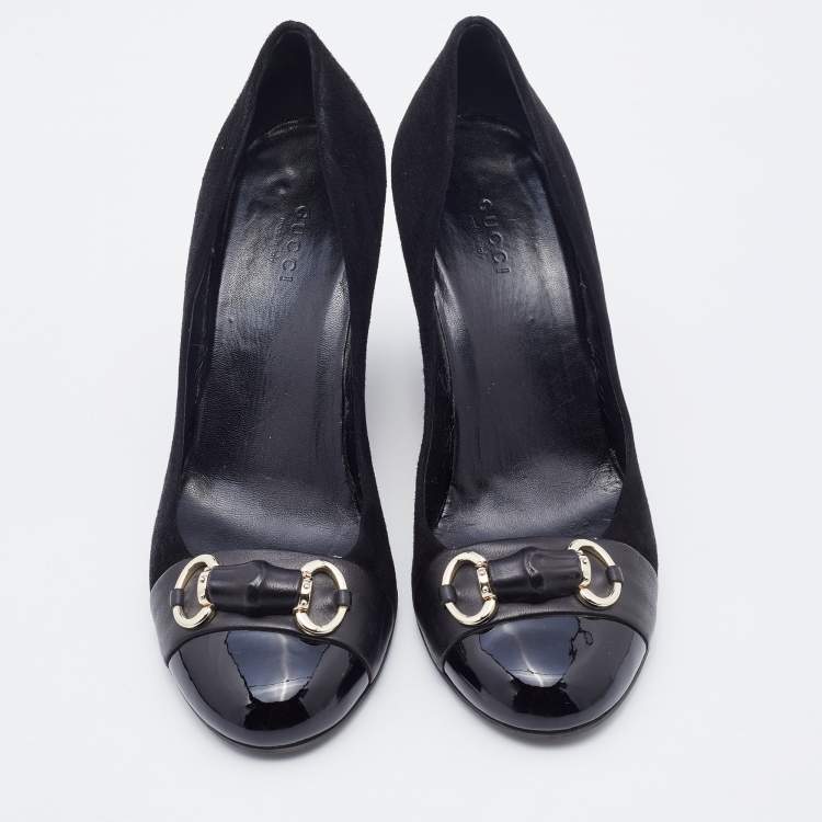 Pre Owned Gucci Black Suede and Patent Leather Horsebit Wedge Pumps Size 37.5