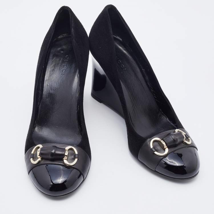 Pre Owned Gucci Black Suede and Patent Leather Horsebit Wedge Pumps Size 37.5