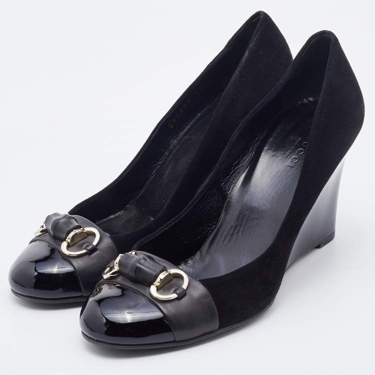 Pre Owned Gucci Black Suede and Patent Leather Horsebit Wedge Pumps Size 37.5