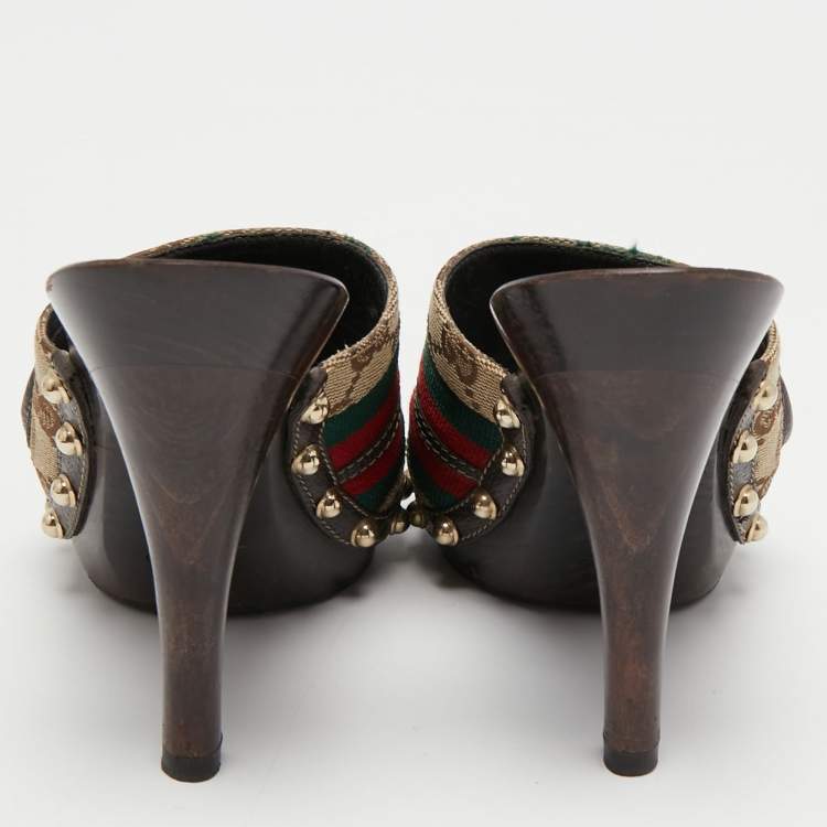 Pre Owned Gucci Beige/Brown GG Canvas Horsebit Clogs Size 35