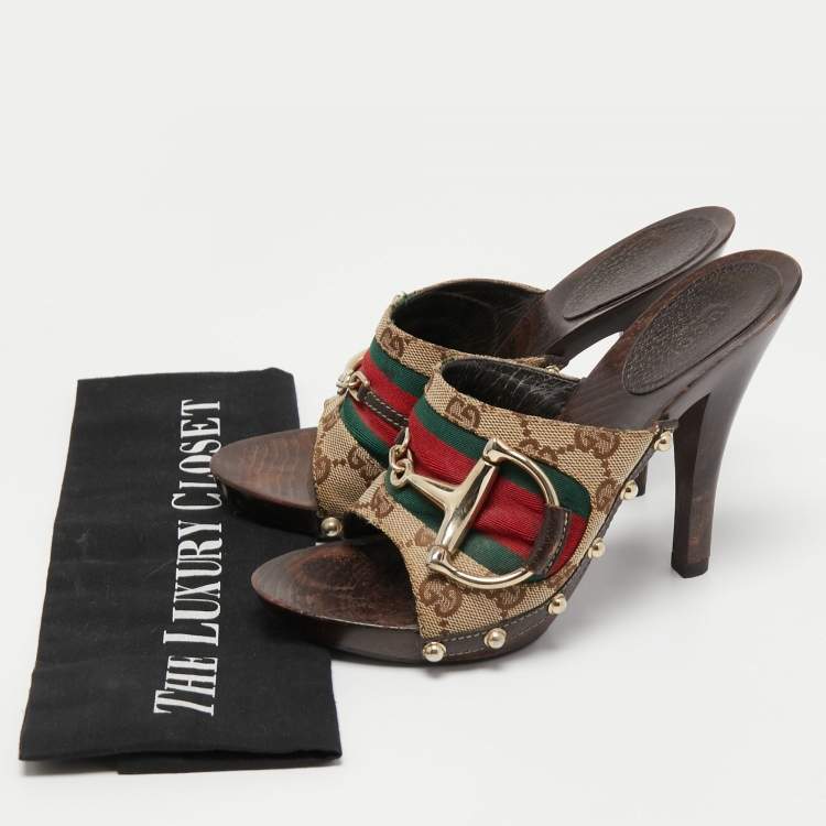 Pre Owned Gucci Beige/Brown GG Canvas Horsebit Clogs Size 35