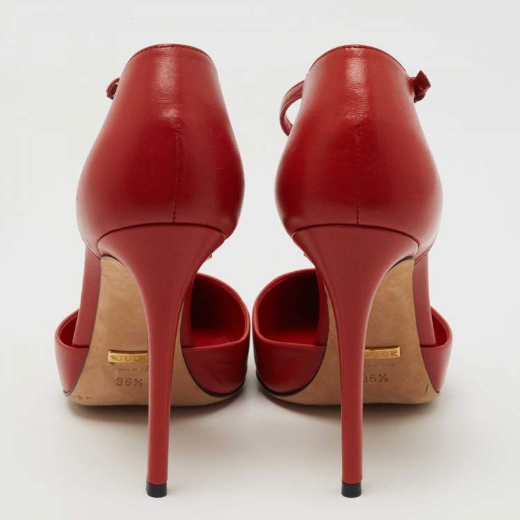 Pre Owned Gucci Red Leather Pointed Toe T-Strap Pumps Size 36.5