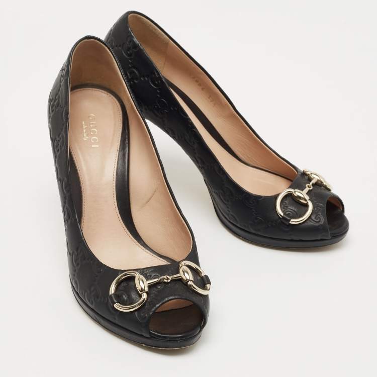 Pre Owned Gucci Black Guccissima Leather Horsebit Hollywood Pumps Size 37.5