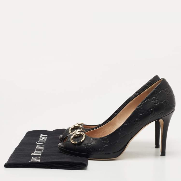 Pre Owned Gucci Black Guccissima Leather Horsebit Hollywood Pumps Size 37.5