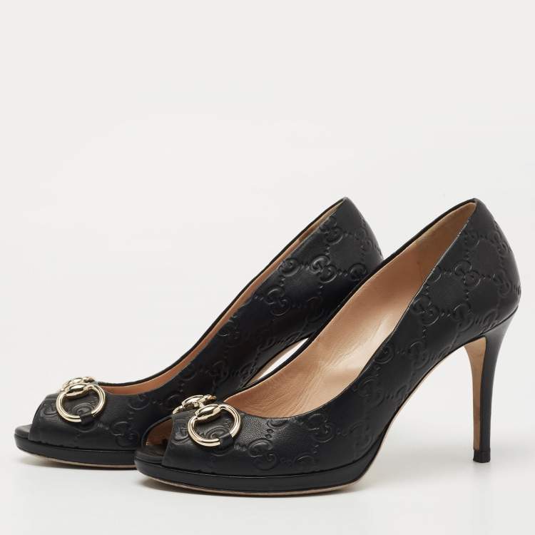 Pre Owned Gucci Black Guccissima Leather Horsebit Hollywood Pumps Size 37.5
