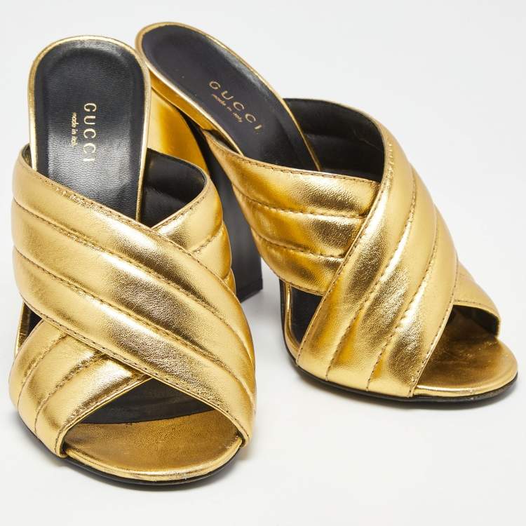 Pre Owned Gucci Metallic Gold Leather Webby Slide Sandals Size 37