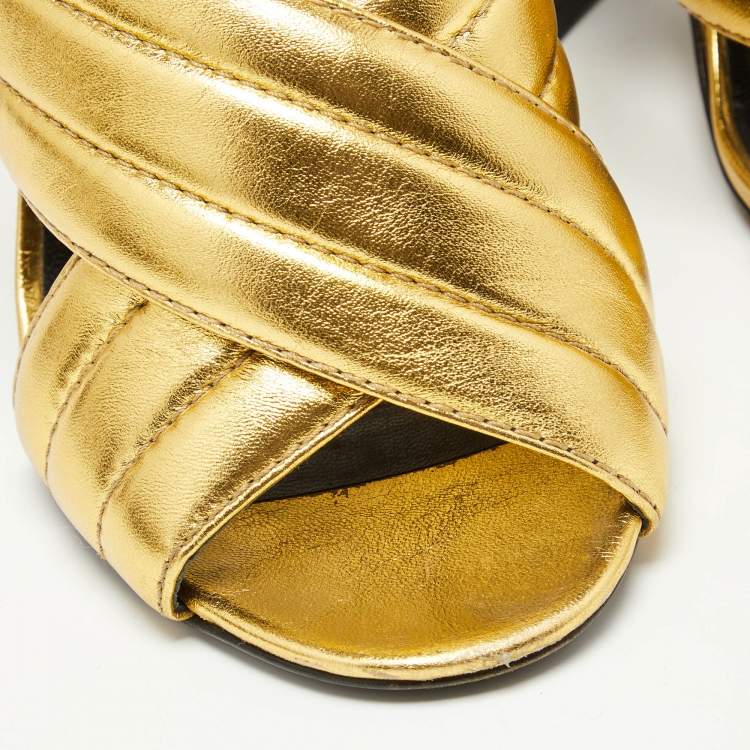 Pre Owned Gucci Metallic Gold Leather Webby Slide Sandals Size 37