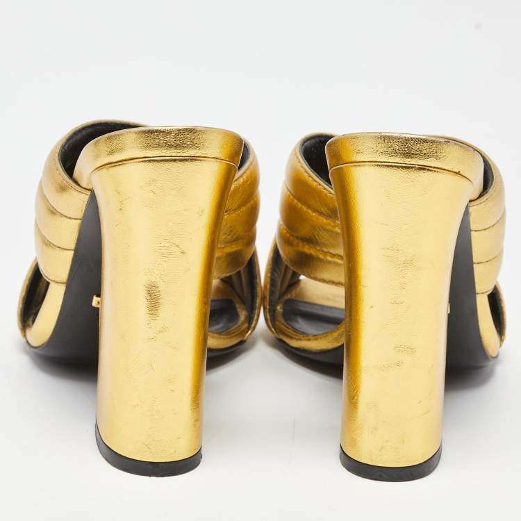 Pre Owned Gucci Metallic Gold Leather Webby Slide Sandals Size 37