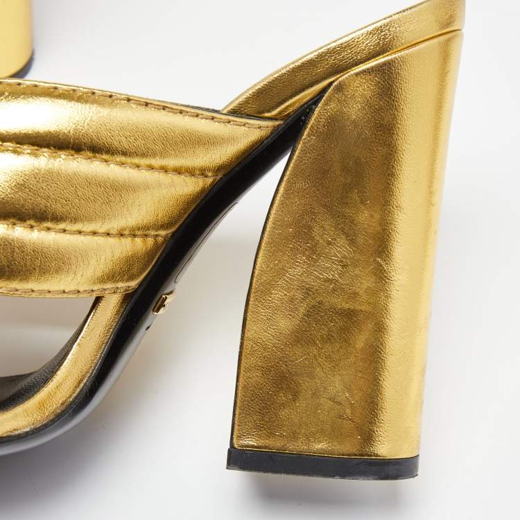 Pre Owned Gucci Metallic Gold Leather Webby Slide Sandals Size 37