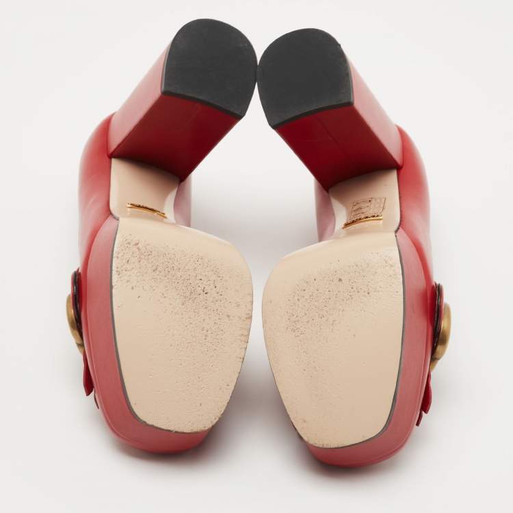 Pre Owned Gucci Red Leather Double G Fringes Platform Pumps Size 36.5