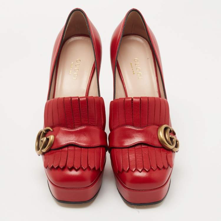Pre Owned Gucci Red Leather Double G Fringes Platform Pumps Size 36.5