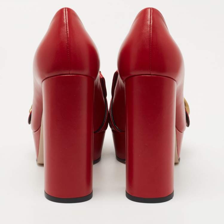 Pre Owned Gucci Red Leather Double G Fringes Platform Pumps Size 36.5