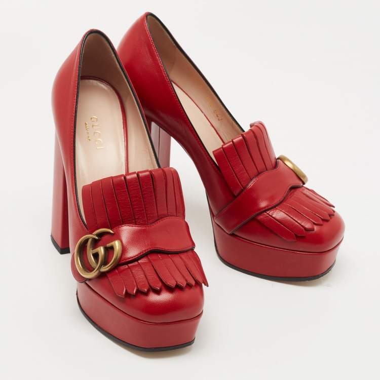 Pre Owned Gucci Red Leather Double G Fringes Platform Pumps Size 36.5