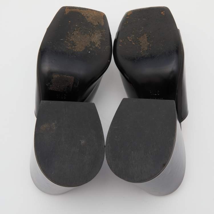 Pre Owned Gucci Black Patent Leather Lexi Block Heel Slide Sandals Size 37.5