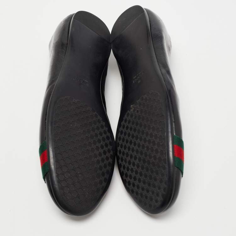 Pre Owned Gucci Black Leather Web Detail Ballet Flats Size 39