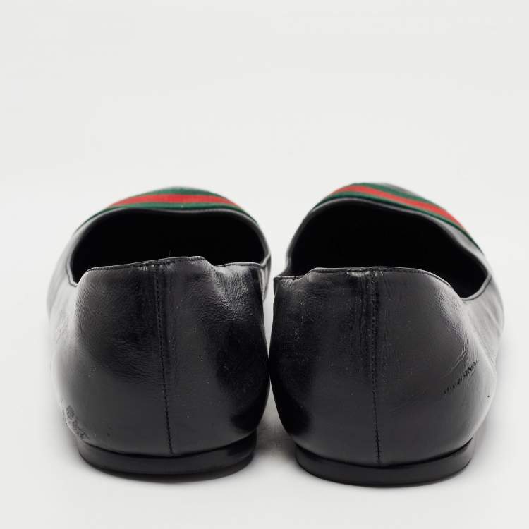 Pre Owned Gucci Black Leather Web Detail Ballet Flats Size 39