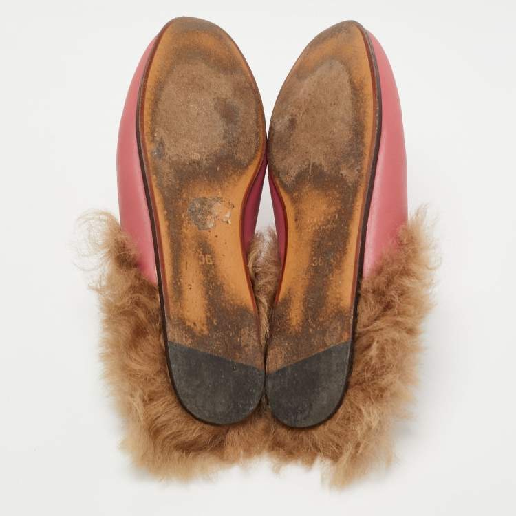 Pre Owned Gucci Prink Leather and Fur Princetown Mules Size 36