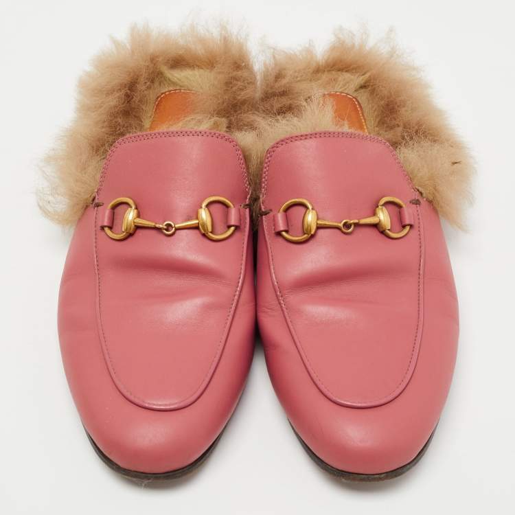 Pre Owned Gucci Prink Leather and Fur Princetown Mules Size 36