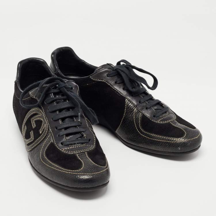 Pre Owned Gucci Black Suede and Textured Leather GG Low Top Sneakers Size 38