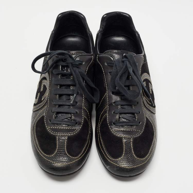 Pre Owned Gucci Black Suede and Textured Leather GG Low Top Sneakers Size 38
