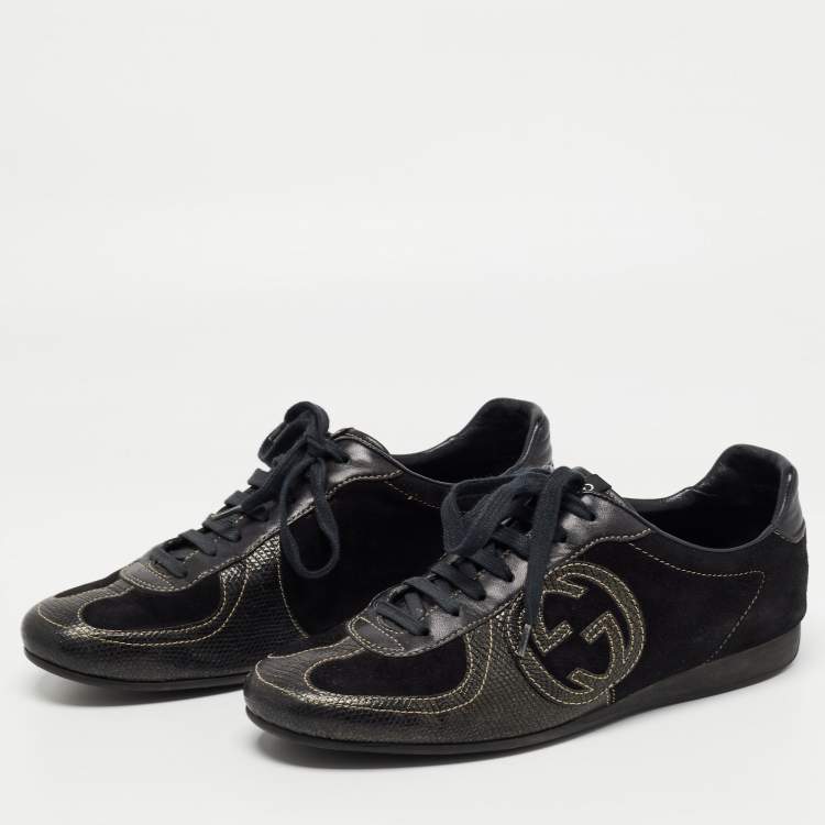 Pre Owned Gucci Black Suede and Textured Leather GG Low Top Sneakers Size 38