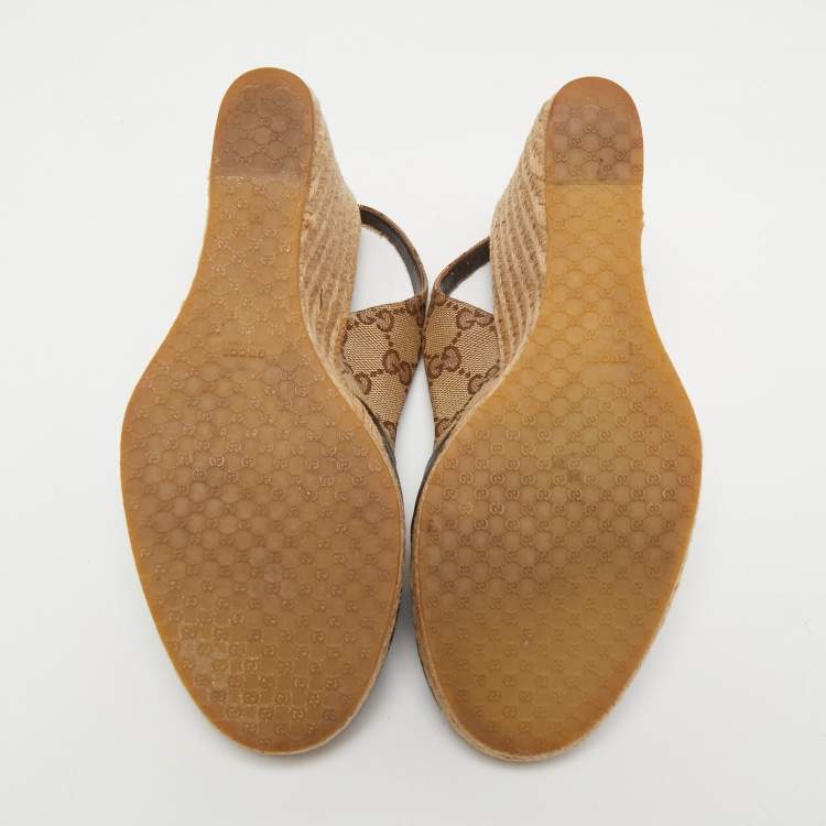 Pre Owned Gucci Brown Monogram Canvas and Leather Slingback Wedge Pumps Size 39.5