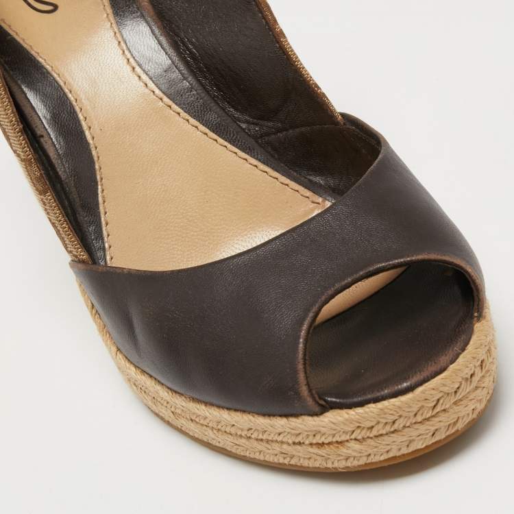 Pre Owned Gucci Brown Monogram Canvas and Leather Slingback Wedge Pumps Size 39.5