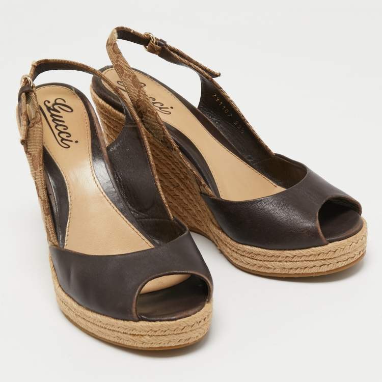 Pre Owned Gucci Brown Monogram Canvas and Leather Slingback Wedge Pumps Size 39.5
