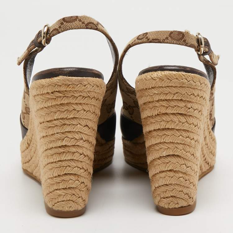 Pre Owned Gucci Brown Monogram Canvas and Leather Slingback Wedge Pumps Size 39.5