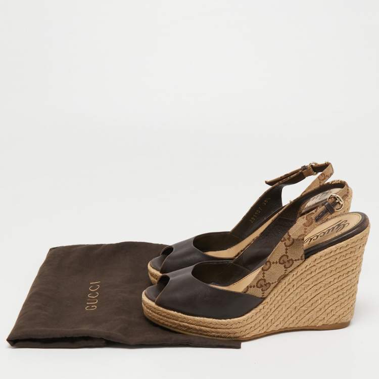 Pre Owned Gucci Brown Monogram Canvas and Leather Slingback Wedge Pumps Size 39.5