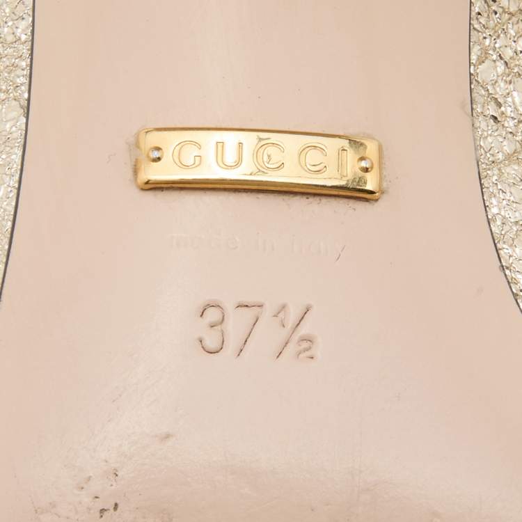 Pre Owned Gucci Metallic Gold Leather GG Marmont Fringe Detail Block Heel Pumps Size 37.5