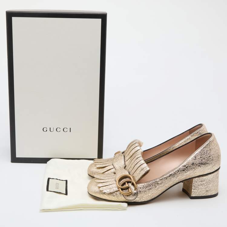 Pre Owned Gucci Metallic Gold Leather GG Marmont Fringe Detail Block Heel Pumps Size 37.5