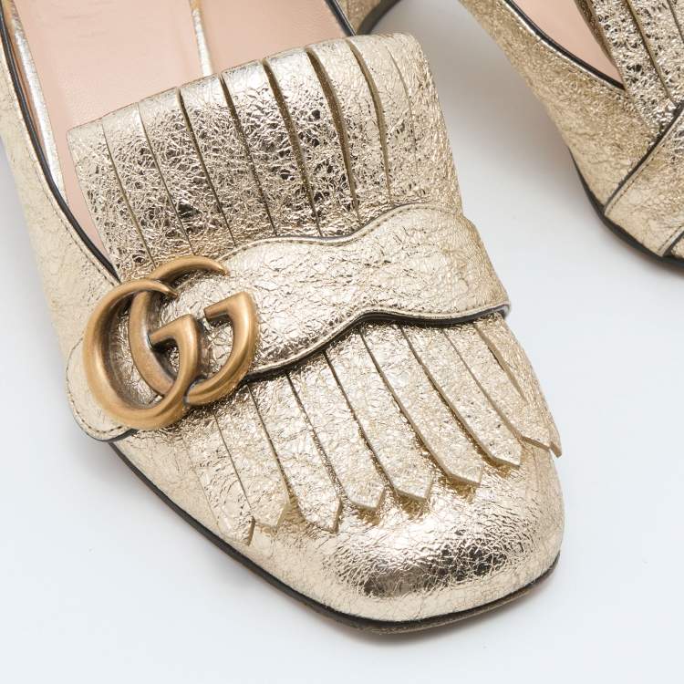 Pre Owned Gucci Metallic Gold Leather GG Marmont Fringe Detail Block Heel Pumps Size 37.5