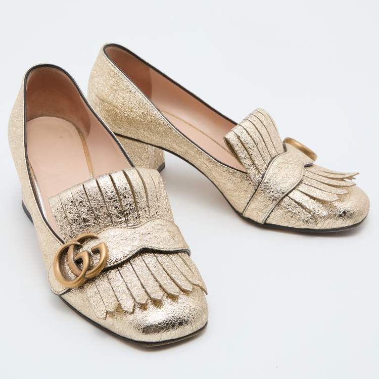 Pre Owned Gucci Metallic Gold Leather GG Marmont Fringe Detail Block Heel Pumps Size 37.5