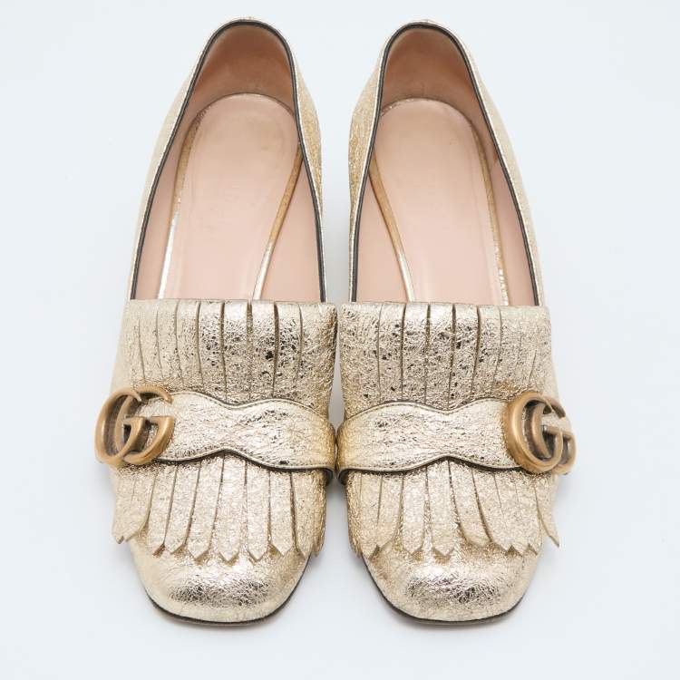 Pre Owned Gucci Metallic Gold Leather GG Marmont Fringe Detail Block Heel Pumps Size 37.5