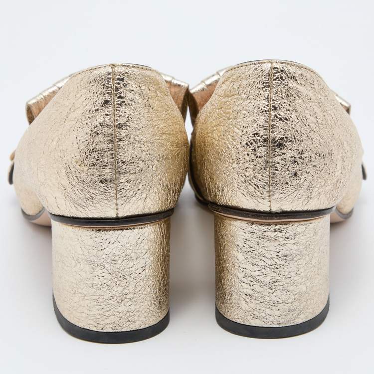 Pre Owned Gucci Metallic Gold Leather GG Marmont Fringe Detail Block Heel Pumps Size 37.5