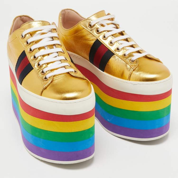 Pre Owned Gucci Metallic Gold Leather Peggy Platform Sneakers Size 37