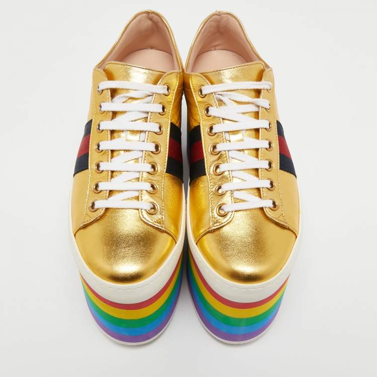 Pre Owned Gucci Metallic Gold Leather Peggy Platform Sneakers Size 37