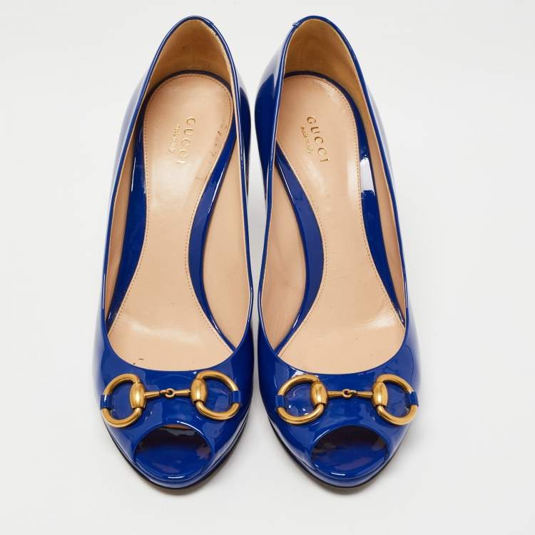 Pre Owned Gucci Blue Patent Leather New Hollywood Peep Toe Pumps Size 40