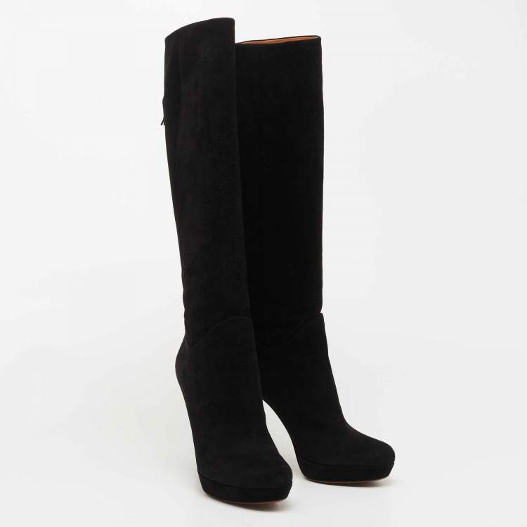Pre Owned Gucci Black Suede Bamboo Tassel Knee Length Platform Boots Size 40