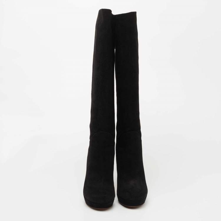 Pre Owned Gucci Black Suede Bamboo Tassel Knee Length Platform Boots Size 40