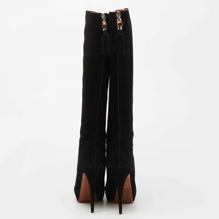 Pre Owned Gucci Black Suede Bamboo Tassel Knee Length Platform Boots Size 40